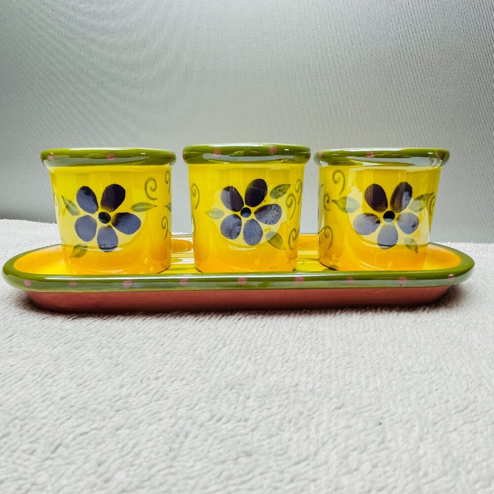VGUC S/3 PartyLite Ceramic Votives & Tray, Flower Design, Yellow-Purple, 2 1/2"T